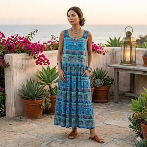 Bila Vintage 90s Mixed Print Paisley & Floral Tiered Maxi Sundress Boho Indie M